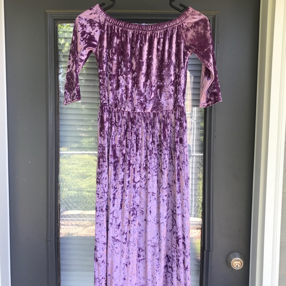 Purple velvet off the shoulder dress